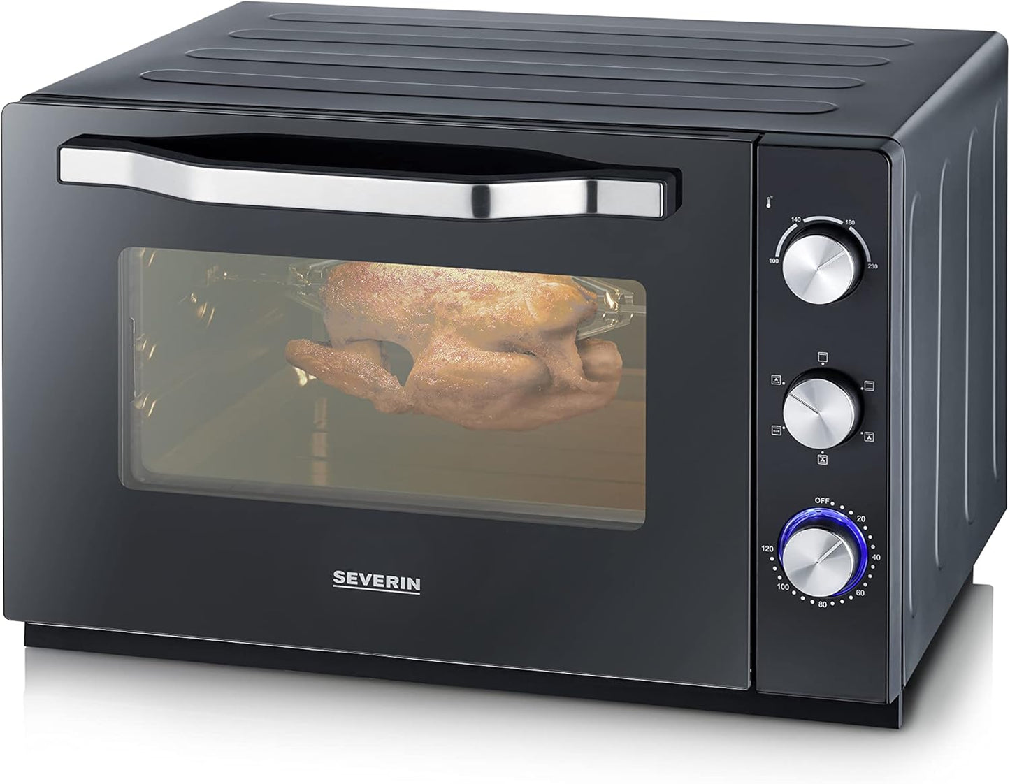 Four Posable XXL À Chaleur Tournante 60 L Avec Pierre À Pizza Et Tournebroche 2 200 W Design Simple Et Élégant, Four Électrique Avec Minuteur 120 Min, Noir/Inox, to 2073