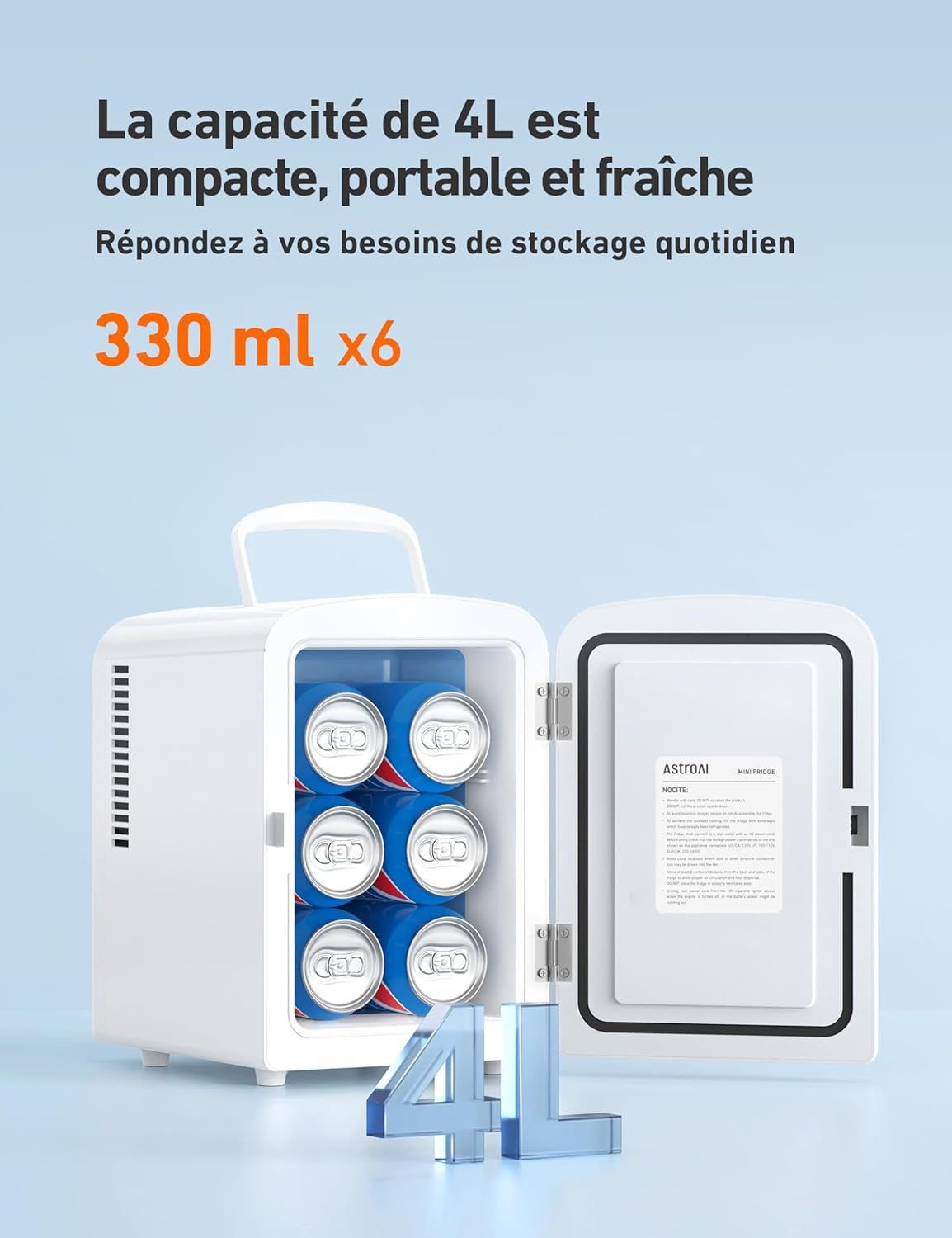 Mini Frigo De Chambre, 4 Litres / 6 Canettes 330Ml, 12V/220V, Petit Frigo Cosmetique, Mini Réfrigérateur Voiture Portable, Glacière Électrique, Fonction Chaud/Froid (Blanc)