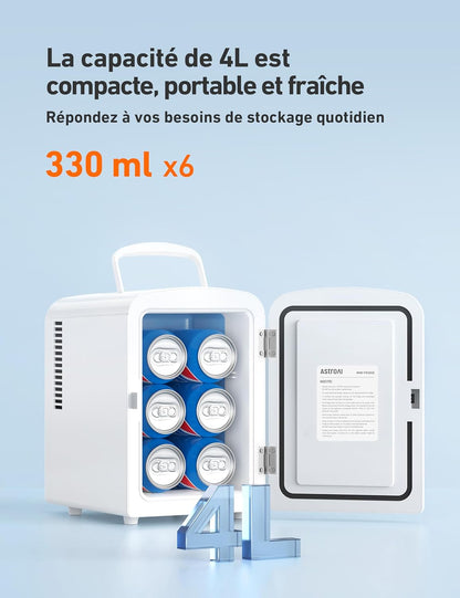 Mini Frigo De Chambre, 4 Litres / 6 Canettes 330Ml, 12V/220V, Petit Frigo Cosmetique, Mini Réfrigérateur Voiture Portable, Glacière Électrique, Fonction Chaud/Froid (Blanc)