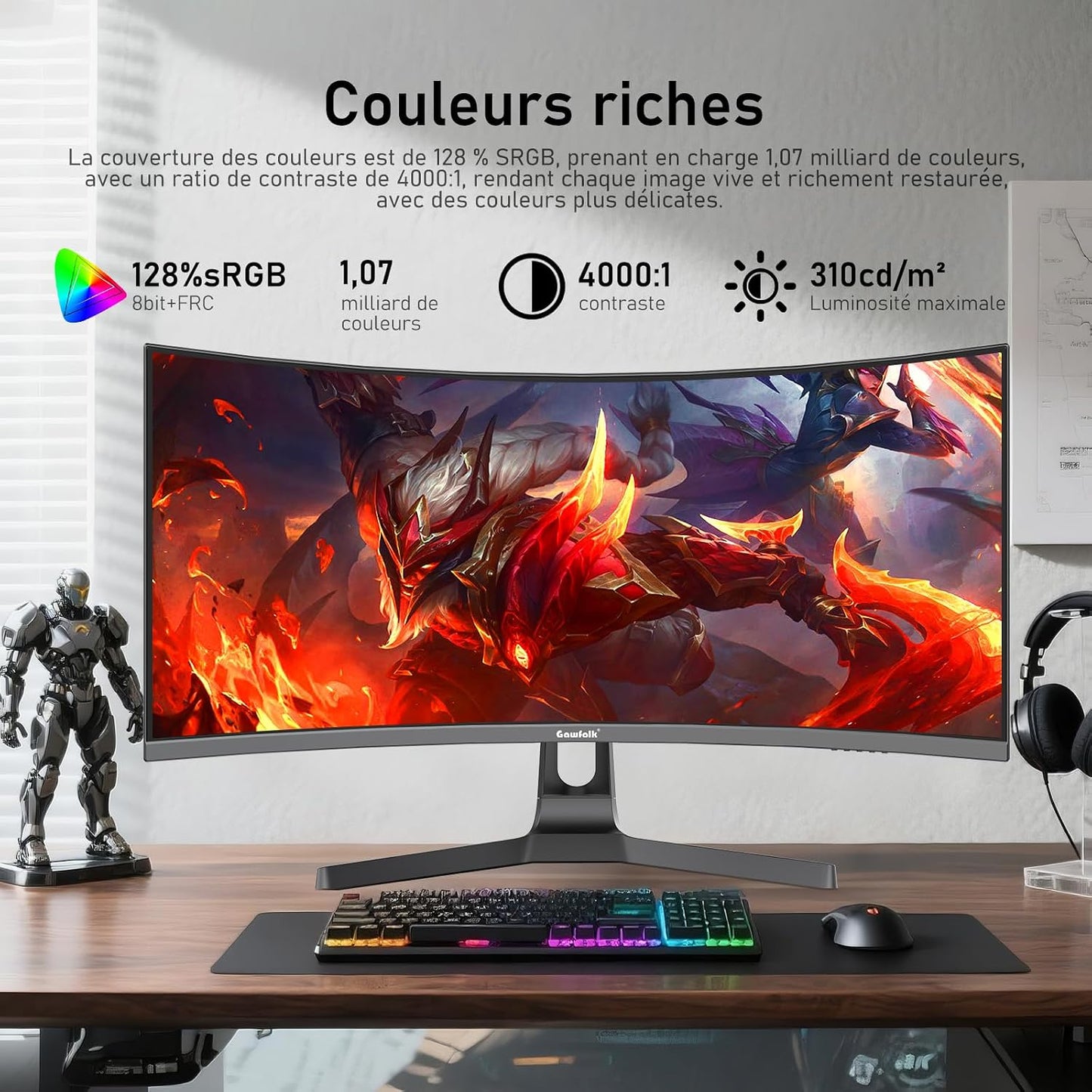 Écran PC Ultra Large 34 Pouces 1500R Incurvé 180Hz Gaming Computer Moniteur,21:9 Uwqhd(3440X1440)，128% Srgb，Freesync，Hdr，178 ° Angle Vue，Displayport、Hdmi，Vesa 75 * 75Mm-Noir