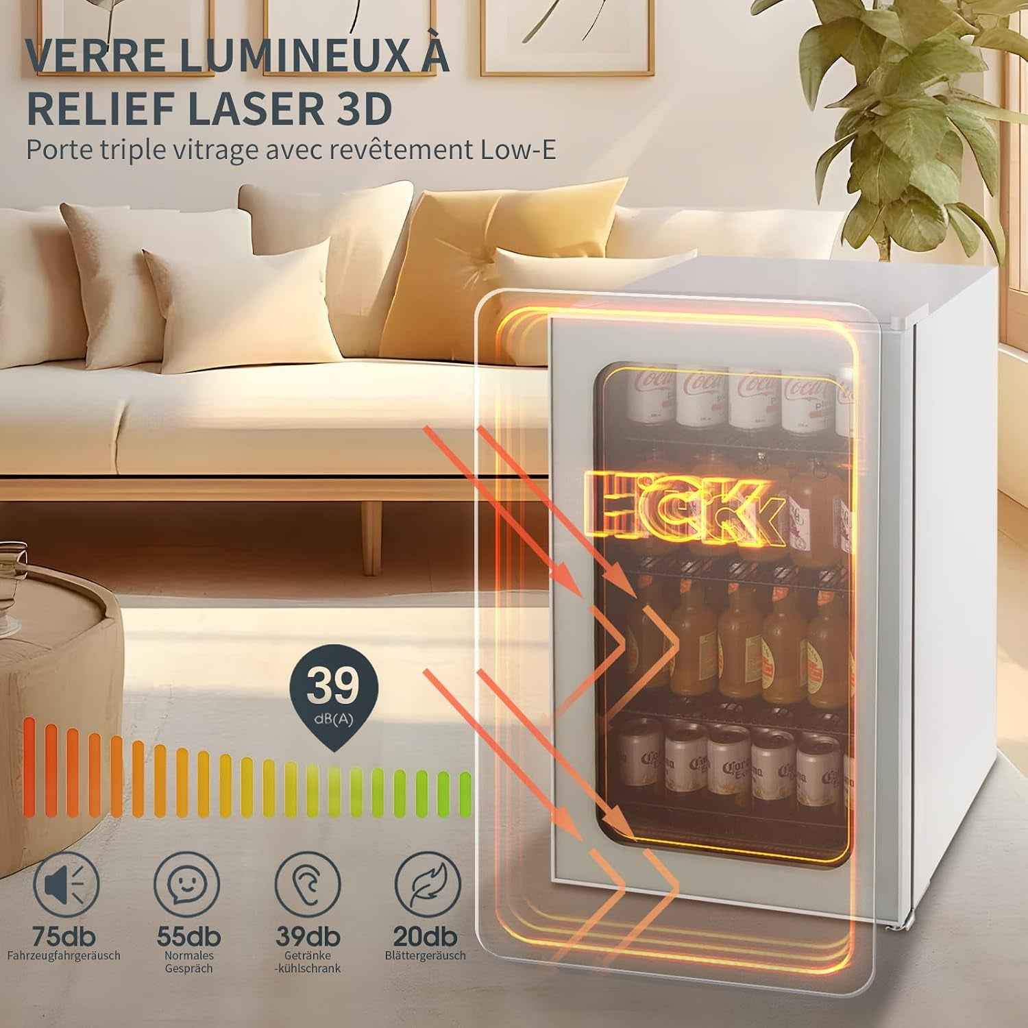 Réfrigérateur Pour Boissons De 98 L, Mini Réfrigérateur Avec Éclairage Orange 3D Et Porte En Verre, Réfrigérateur Compact De 105 Canettes Avec Étagères Réglables Pour Soda, Bière Ou Vin(Blanc)