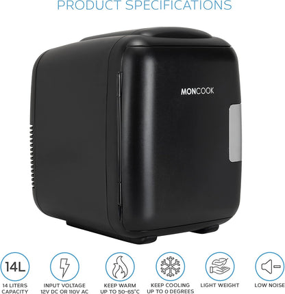 MONCOOK Mini Réfrigérateur - Mini Réfrigérateurs Portables Pour Les Soins De La Peau, La Médecine, La Nourriture Et Les Boissons - Fonction De Refroidissement Et De Réchauffement - 14L - Mono Noir