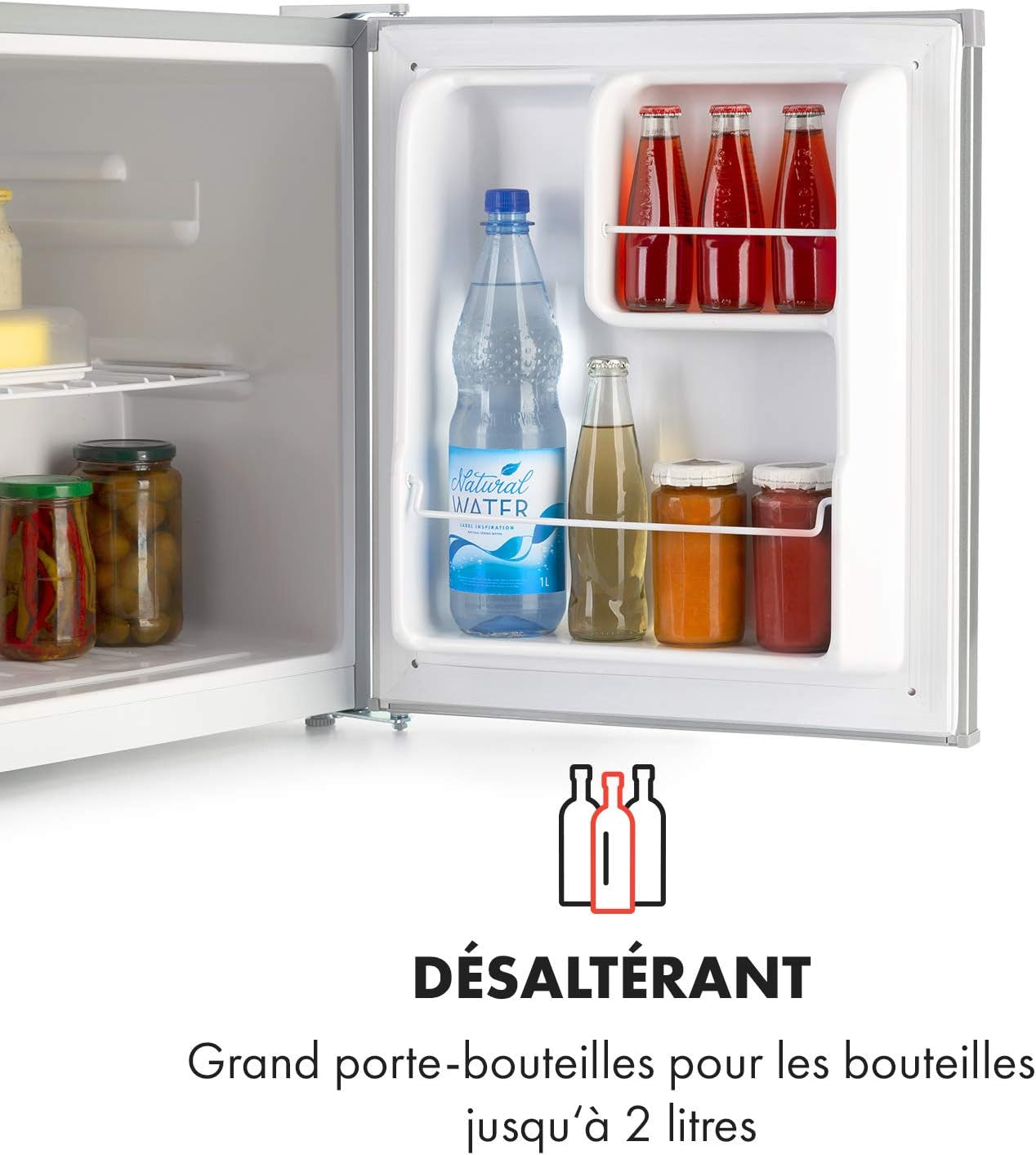 Scooby Mini Réfrigérateur - Système Ecoexcellence, CEE E, Capacité De 40L, Régulateur De Température, Étagère Amovible, Compartiment Bouteille Jusqu'À 2L, 41 Db, Argent