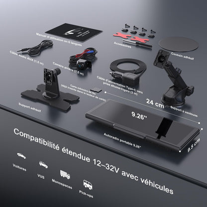 9,26'' Carplay Voiture Apple Carplay & Android Auto, Dashcam Avant | 4K + Caméra De Recul HD, 60FPS, Mise À Jour OTA, GPS, Commande Vocale, Mirror Link, Bluetooth 5.2, AUX, Fm，Avec 64Go Carte