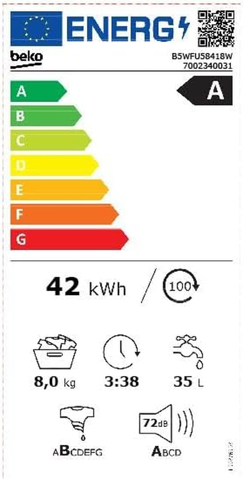 Beko B5WFU58418W Machine À Laver Automatique Avec Indicateur De Temps Restant Et Essorage 8Kg 1400 Tr/Min Bluetooth Fonction Vapeur Hygiénique + Hypoallergénique Lavage Rapide Avec Aquatech Blanc