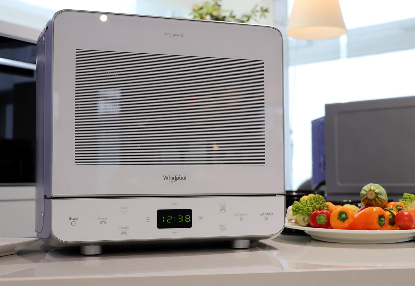 Whirlpool Max 39 WSL - Four À Micro-Ondes Et Grill, 13 Litres, Argenté, Avec Cuit-Vapeur, Grille Haute, Assiette Avec Poignée Amovible Pour Fonction Crisp, Silencieux (0 Décibel), En Acier, Blanc