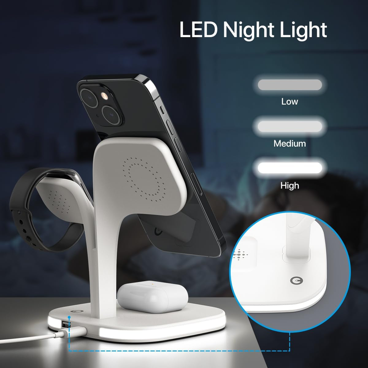 Mag-Safe Chargeur Induction, Magnétique 3 En 1 Station De Charge Pour Apple Avec Lampe, Chargeur Sans Fil Rapide Pour Iphone 17 16 15 14 13 12 Pro Max/Plus/Air, Apple Watch, Pour Airpods-Blanc