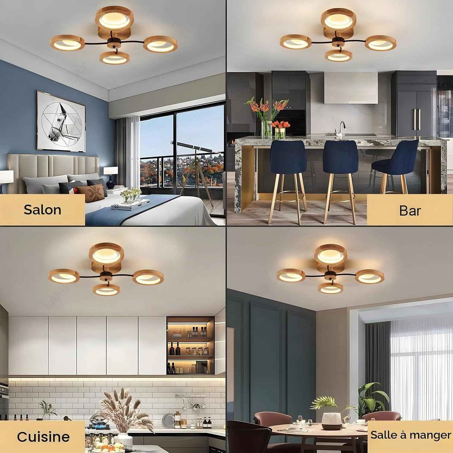 Plafonnier LED Moderne, Lustre Ø74Cm Dimmable Avec Télécommande 3000K-6000K, Bras Noir + 4 Anneaux En Bois, Abat-Jour Cercle En Métal, Salon Chambre Salle À Manger Bureau