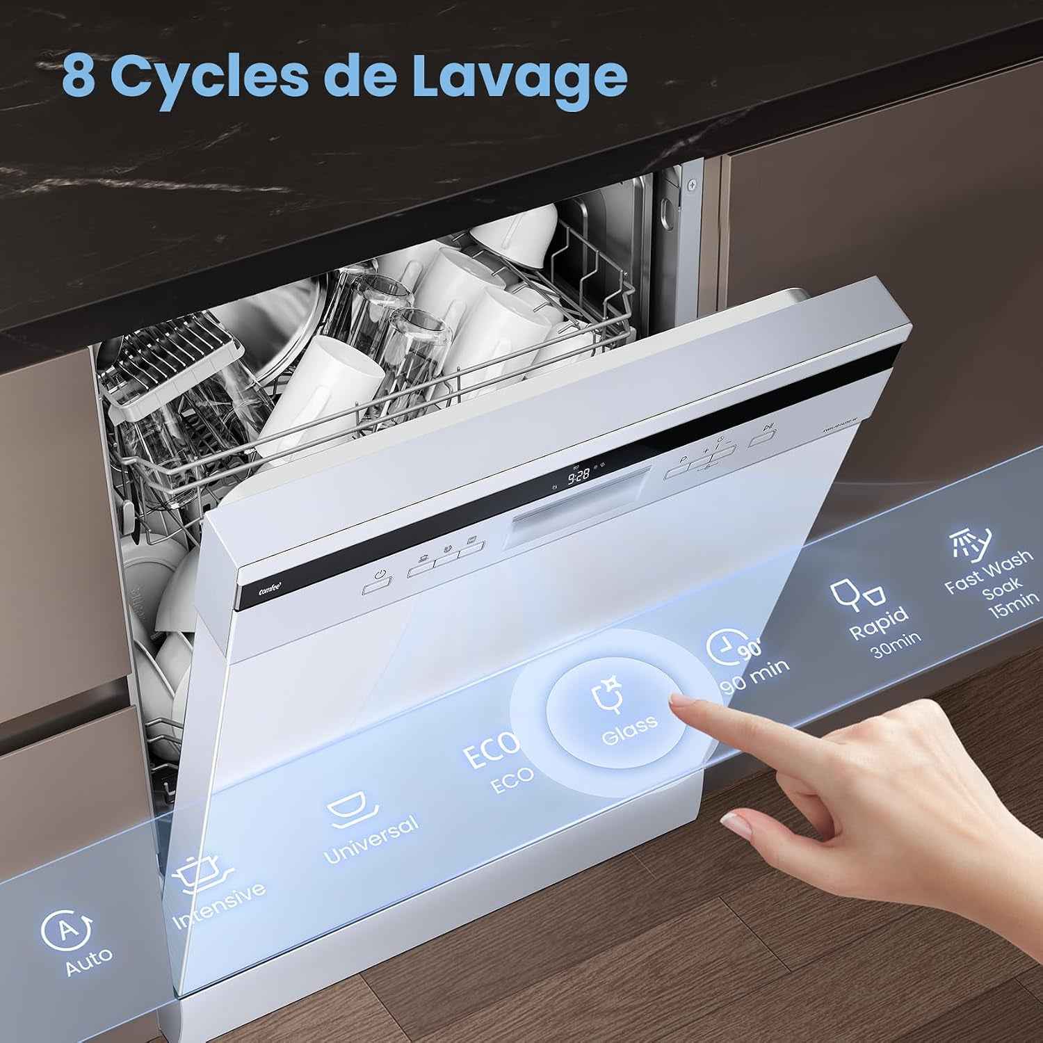 ' FD1435E-W Lave-Vaisselle Pose Libre 14 Couverts, 60 Cm, 44 Db | 8 Programmes, Ouverture Automatique, Départ Différé, Demi-Charge, Paniers Flexibles, Séchage Intensif, Blanc