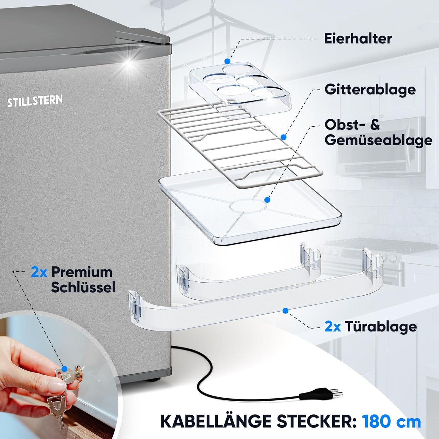 Stillstern Mini Réfrigérateur E 45 L Avec Dégivrage Automatique, Serrure, Compartiment Gel, Silencieux, Idéal Pour Cuisine, Bureau, Chambre À Coucher, Hôtels Et Petits Appartements