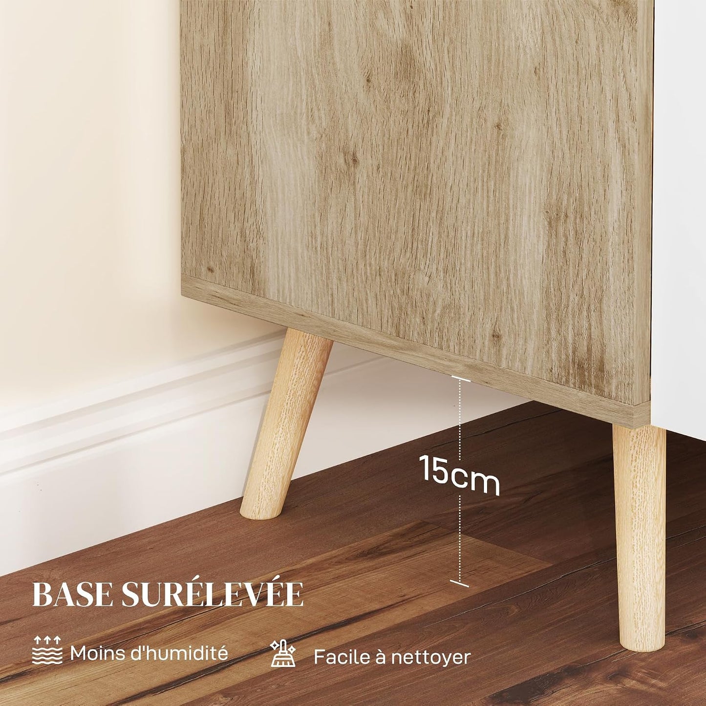 Buffet, Meuble De Rangement, Avec Poignées En Bambou, Étagère Ajustable, Base Surélevée, Pour Salon Cuisine Salle À Manger, 76 X 41,2 X 74 Cm Blanc Et Bois Naturel