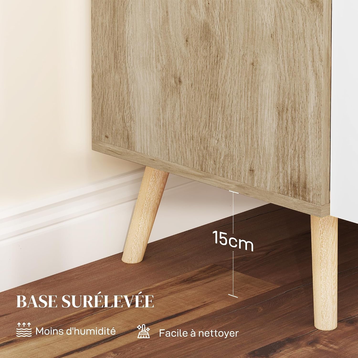 Buffet, Meuble De Rangement, Avec Poignées En Bambou, Étagère Ajustable, Base Surélevée, Pour Salon Cuisine Salle À Manger, 76 X 41,2 X 74 Cm Blanc Et Bois Naturel