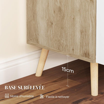 Buffet, Meuble De Rangement, Avec Poignées En Bambou, Étagère Ajustable, Base Surélevée, Pour Salon Cuisine Salle À Manger, 76 X 41,2 X 74 Cm Blanc Et Bois Naturel