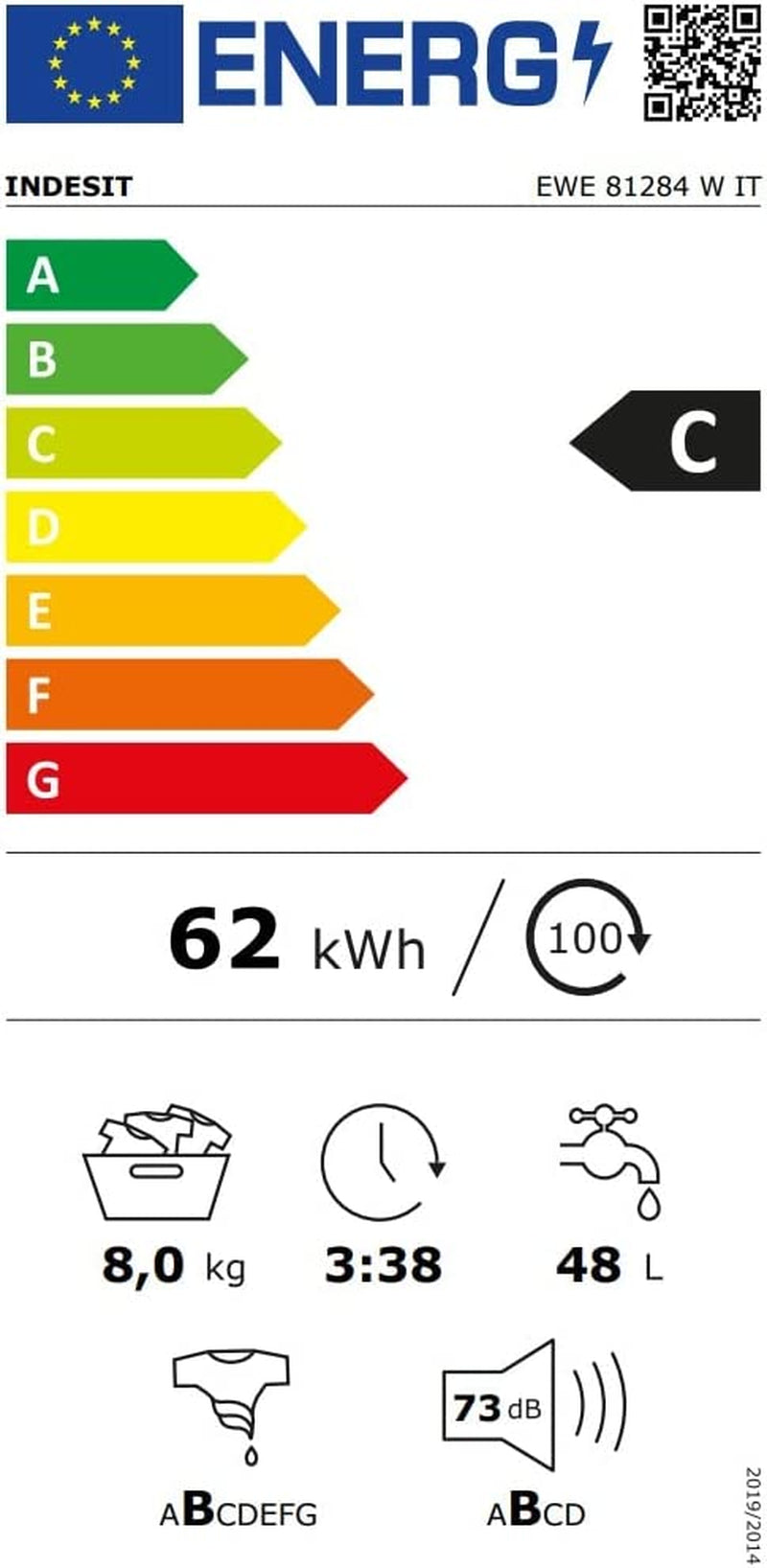 Indesit EWE 81284 W IT- Machine À Laver 8 Kg Libre Installation, Charge Avant. Centrifugeuse 1200 Tours Par Minute. Largeur 59,5 Cm, Profondeur 57,2 Cm, Hauteur 85 Cm, Classe Énergétique C