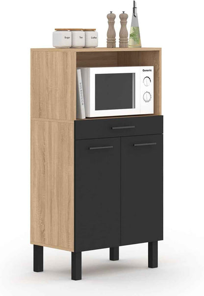 - Buffet Mi-Haut De Cuisine 60 Cm CINA Façon Hêtre Et Noir | Avec 1 Tiroir 2 Portes, Pour Micro-Onde
