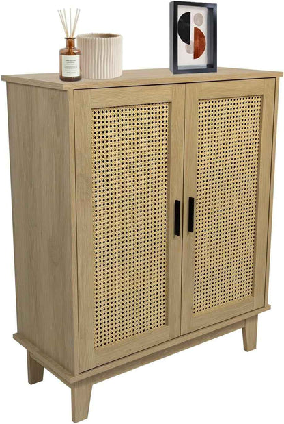 - Buffet - 80 X 34 X 96Cm - Cannage, Bois - 2 Portes - Rangement Élégant Et Pratique - Salon, Salle À Manger, Cuisine - Style Naturel Et Bohème