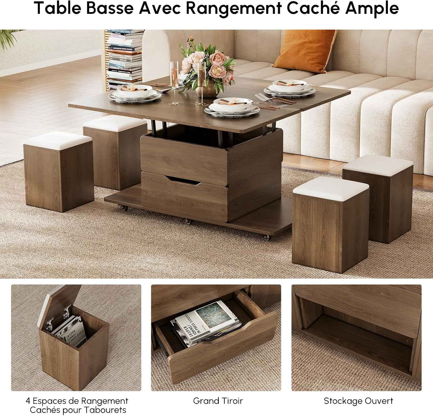 Table Basse Relevable En Bois Avec 4 Chaises Cachées Moelleuses, Tournante Hydraulique, Mode Bureau Salle À Manger, Rangement Intégré, Meuble Moderne Multi-Fonction Noir Noyer