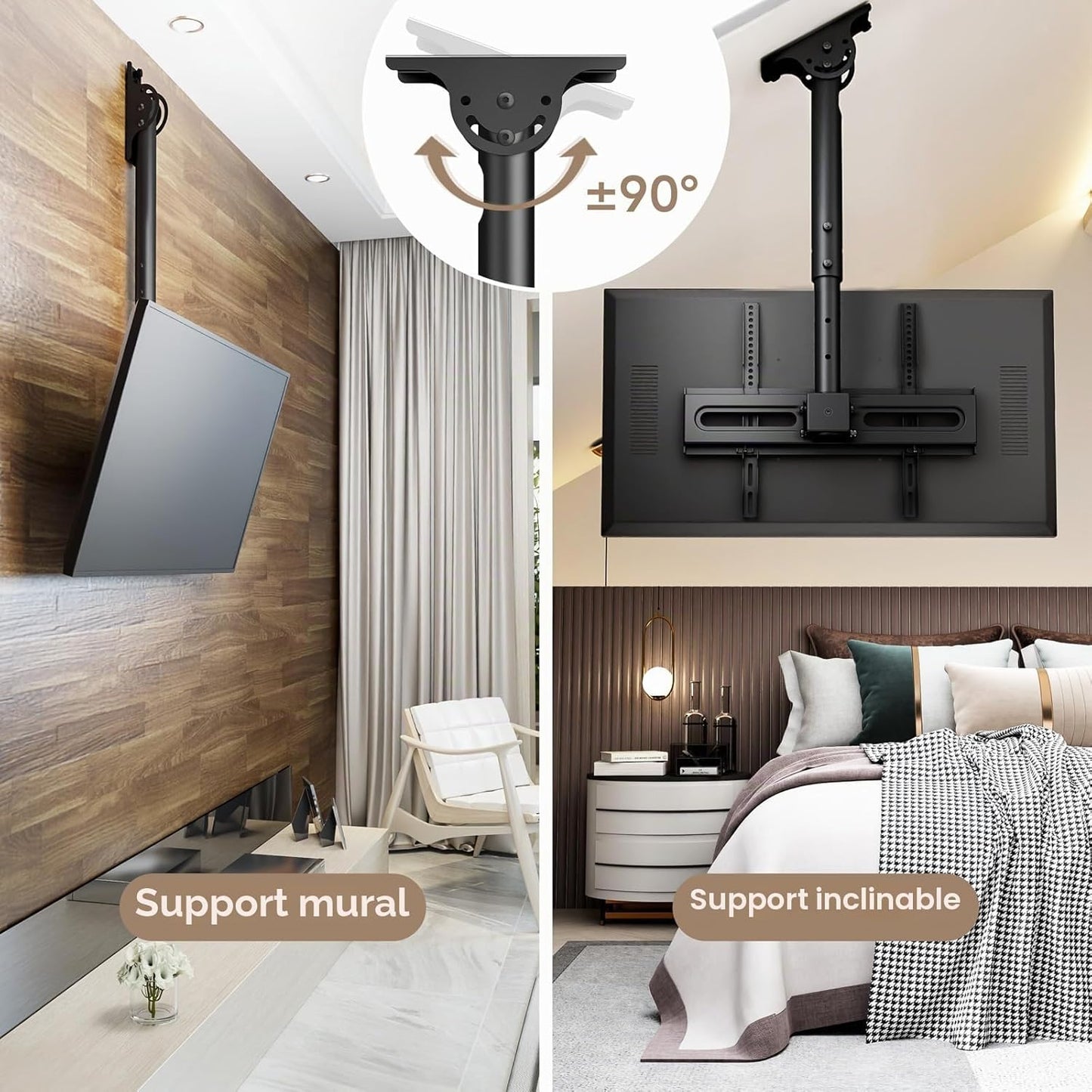 Support TV Plafond Pour Téléviseurs LCD LED Plats/Incurvé De 26 À 65 Pouces, VESA Jusqu'À 400×400Mm Charge 45 Kg, Inclinaison À 20° Et Rotation À 360°, Support Mural TV