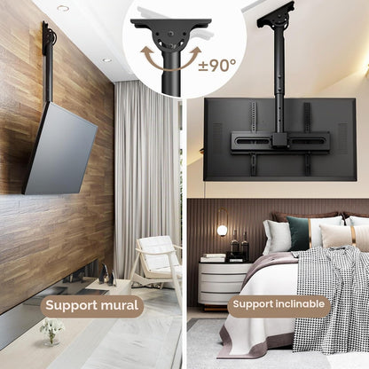 Support TV Plafond Pour Téléviseurs LCD LED Plats/Incurvé De 26 À 65 Pouces, VESA Jusqu'À 400×400Mm Charge 45 Kg, Inclinaison À 20° Et Rotation À 360°, Support Mural TV