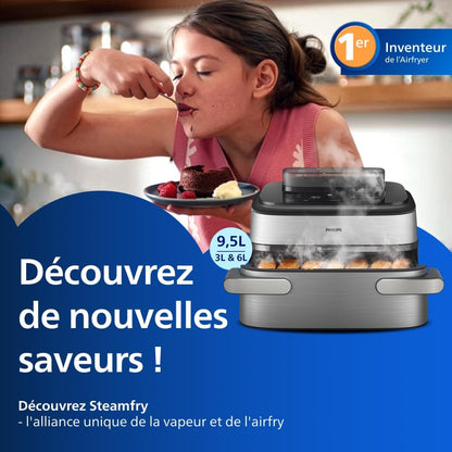Airfryer 5000 - Air Fryer Panier Flexible 9.5L, Cuisson Vapeur | Megabasket 9.5L Ou 3+6L, Séparateur Amovible, 28 Modes,Technologie Rapidair & Steamfry, Auto Steamclean, Inox (NA565/00)