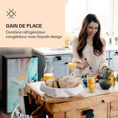 Coolart - Combiné Réfrigérateur-Congélateur, Réfrigérateur Avec 2 Niveaux De Refroidissement, Façade Design, Thermostat Avec 5 Niveaux, 0 À 10 ° C, Capacité 79 Litres - Design Pastel