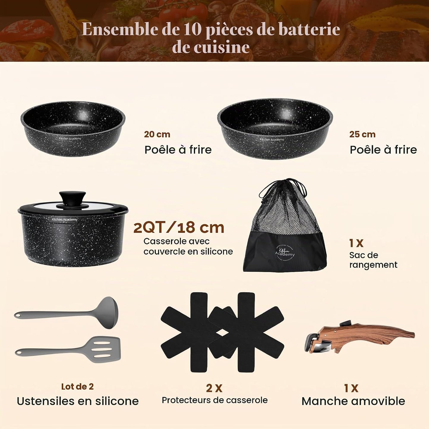 10 PCS Batterie Cuisine Induction Avec Poignée Amovible | Batterie De Cuisine Tout-Feux, Revêtement Antiadhésif En Granit Empilable Convient Aux Camping-Cars Et Au Camping