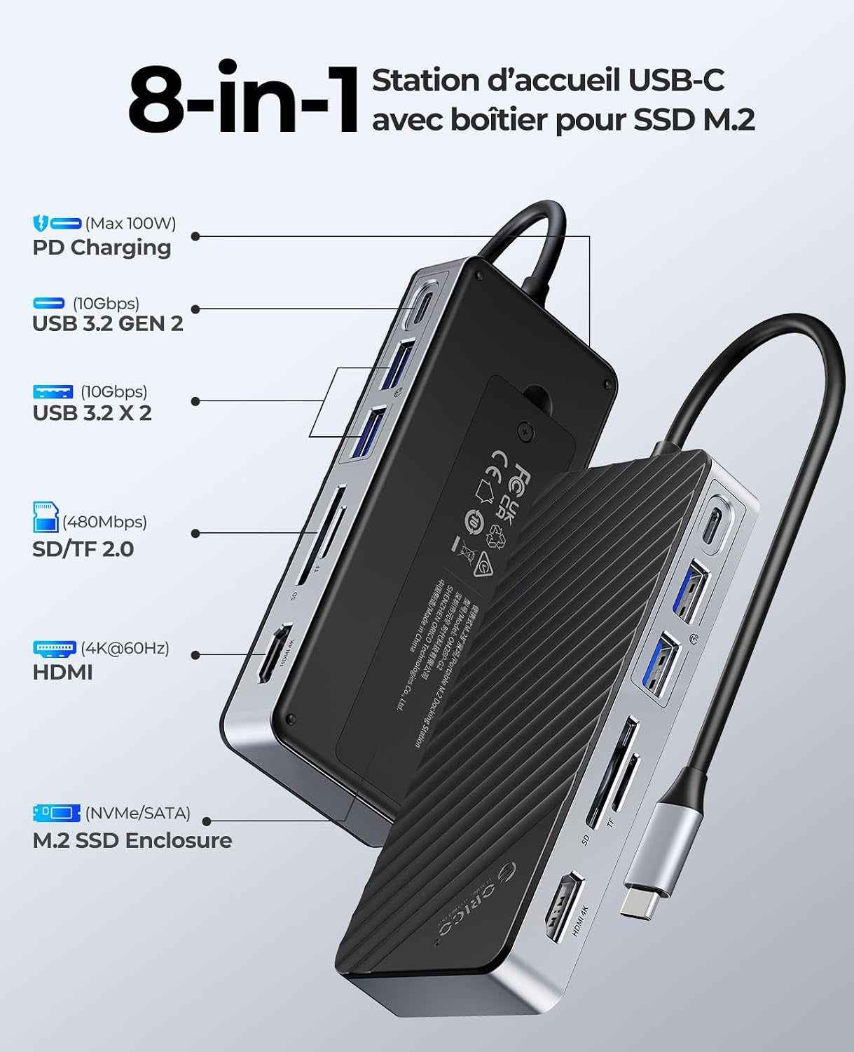 8-En-1 Station D'Accueil USB C Avec Boîtier SSD M.2, Hub USB C Avec SSD M.2 Nvme/Sata, Adaptateur Multiports USB 10Gbps, HDMI 4K@60Hz, 100W PD, SD/TF, Docking Station - OM28P