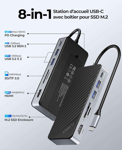 8-En-1 Station D'Accueil USB C Avec Boîtier SSD M.2, Hub USB C Avec SSD M.2 Nvme/Sata, Adaptateur Multiports USB 10Gbps, HDMI 4K@60Hz, 100W PD, SD/TF, Docking Station - OM28P
