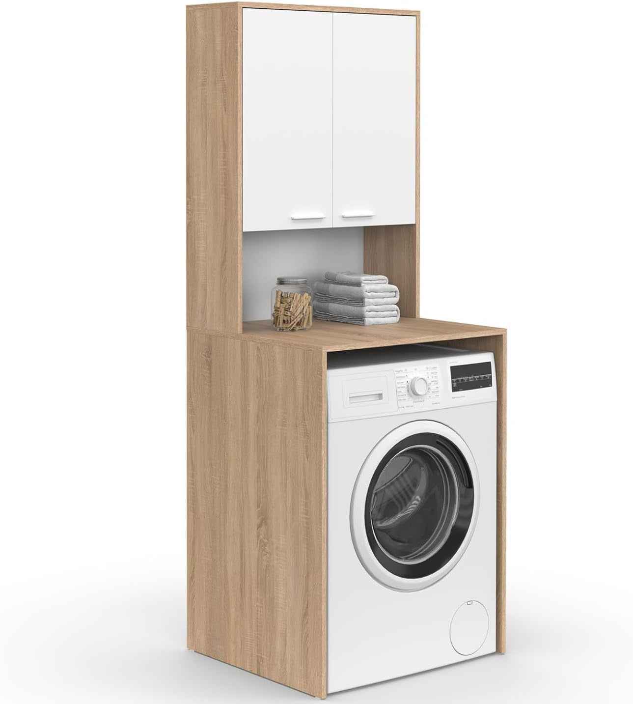 - Meuble Dessus De Machine À Laver Wallis Bois Façon Hêtre, Blanc | Avec Placard