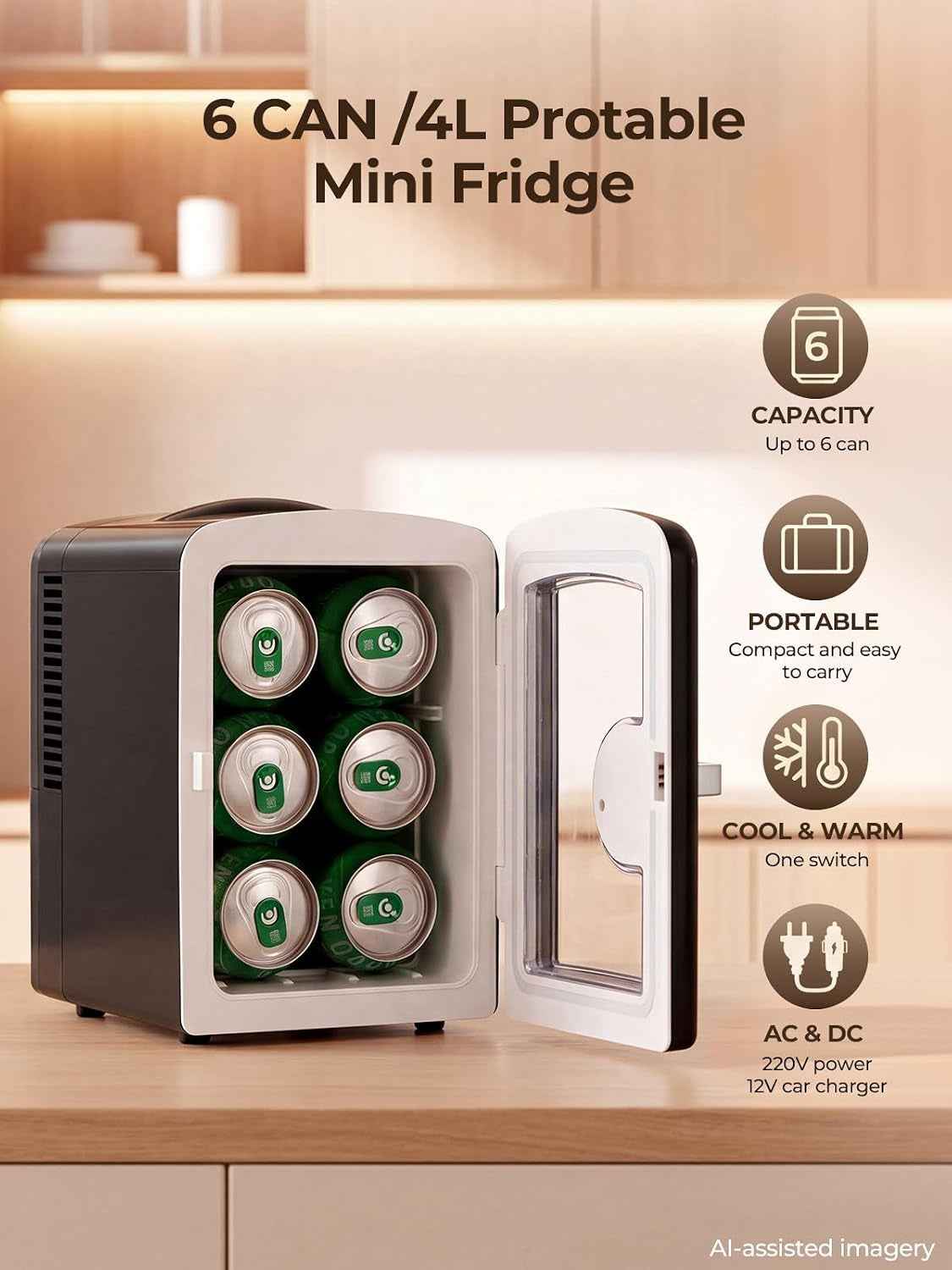 Mini Frigo De Chambre Capacité De 4L, 6 Canettes 355Ml, Réfrigérateur Voiture 12V 220V Silencieux Petit Frigo Cosmetique, Fonction Chaud/Froid, Pour Domestique Voiture, Noir