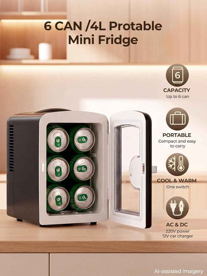 Mini Frigo De Chambre Capacité De 4L, 6 Canettes 355Ml, Réfrigérateur Voiture 12V 220V Silencieux Petit Frigo Cosmetique, Fonction Chaud/Froid, Pour Domestique Voiture, Noir