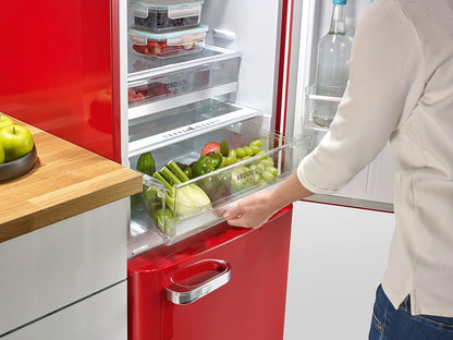 Réfrigérateur Congélateur Combiné Total Nofrost, Pose Libre, Largeur 54Cm, 250 L, Classe E, Veggibox Incluse, Rétro, Rouge, RKG 8927