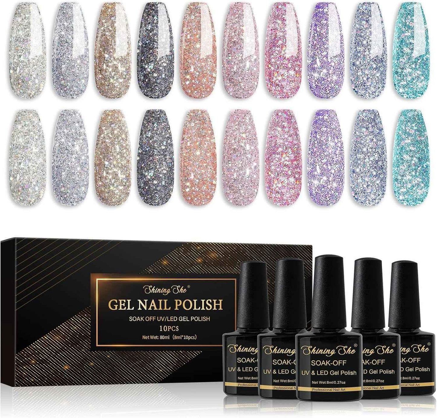 Vernis À Ongles Semi Permanent Paillettes, 10 Couleurs Blanc Argenté Noir or Rose Gel Soak off UV/LED Kit Pour Salon De Manucure DIY Home, 8Ml