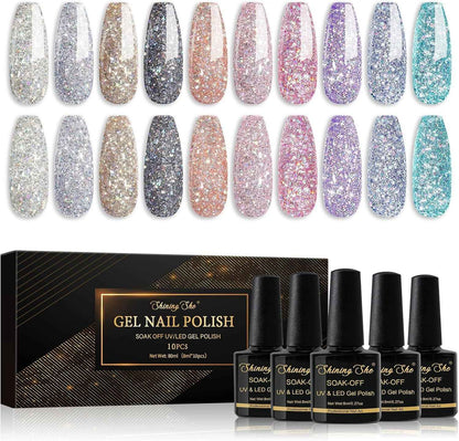 Vernis À Ongles Semi Permanent Paillettes, 10 Couleurs Blanc Argenté Noir or Rose Gel Soak off UV/LED Kit Pour Salon De Manucure DIY Home, 8Ml