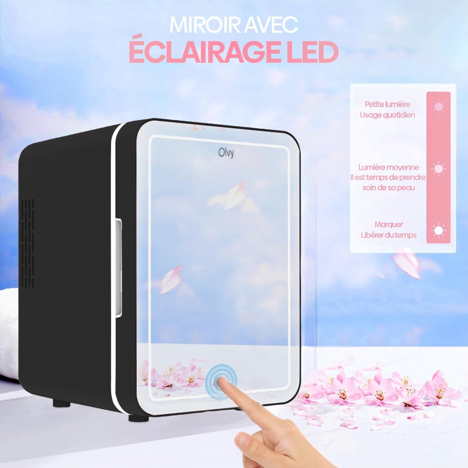 Olvy Réfrigérateur Cosmétique 4 Litres, Mini Frigo, Mini Réfrigérateur Portable Avec Miroir LED, Petit Réfrigérateur Pour Soins De La Peau, Skincare Fridge, Noir