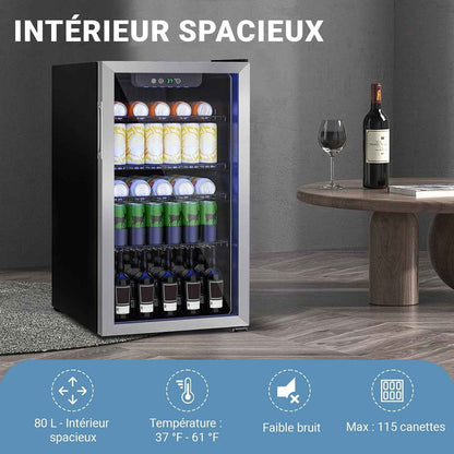 Mini-Réfrigérateur 80L, Réfrigérateur Autonome Pour Boissons De 115 Canettes Avec Porte Transparent, Réfrigérateur Sous Le Comptoir Avec Étages Réglables Et Affichage Numérique (Argent)