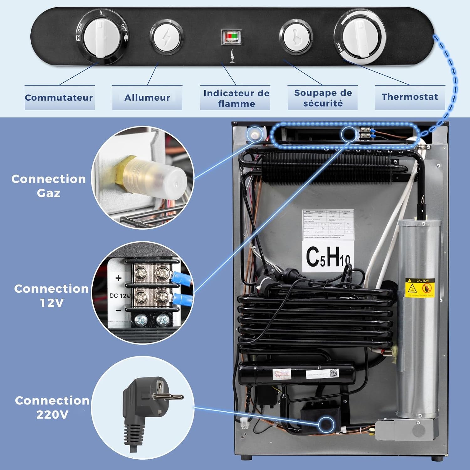 Frigo Trimixte 12V 220V Gaz, 100L, Frigo Camping Gaz, Réfrigérateur Gaz Avec Congélateur, Pour Camping Car, Caravane, Cabanon, Chalet, Noir