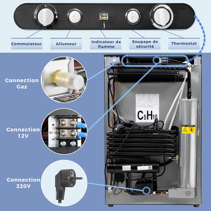 Frigo Trimixte 12V 220V Gaz, 100L, Frigo Camping Gaz, Réfrigérateur Gaz Avec Congélateur, Pour Camping Car, Caravane, Cabanon, Chalet, Noir