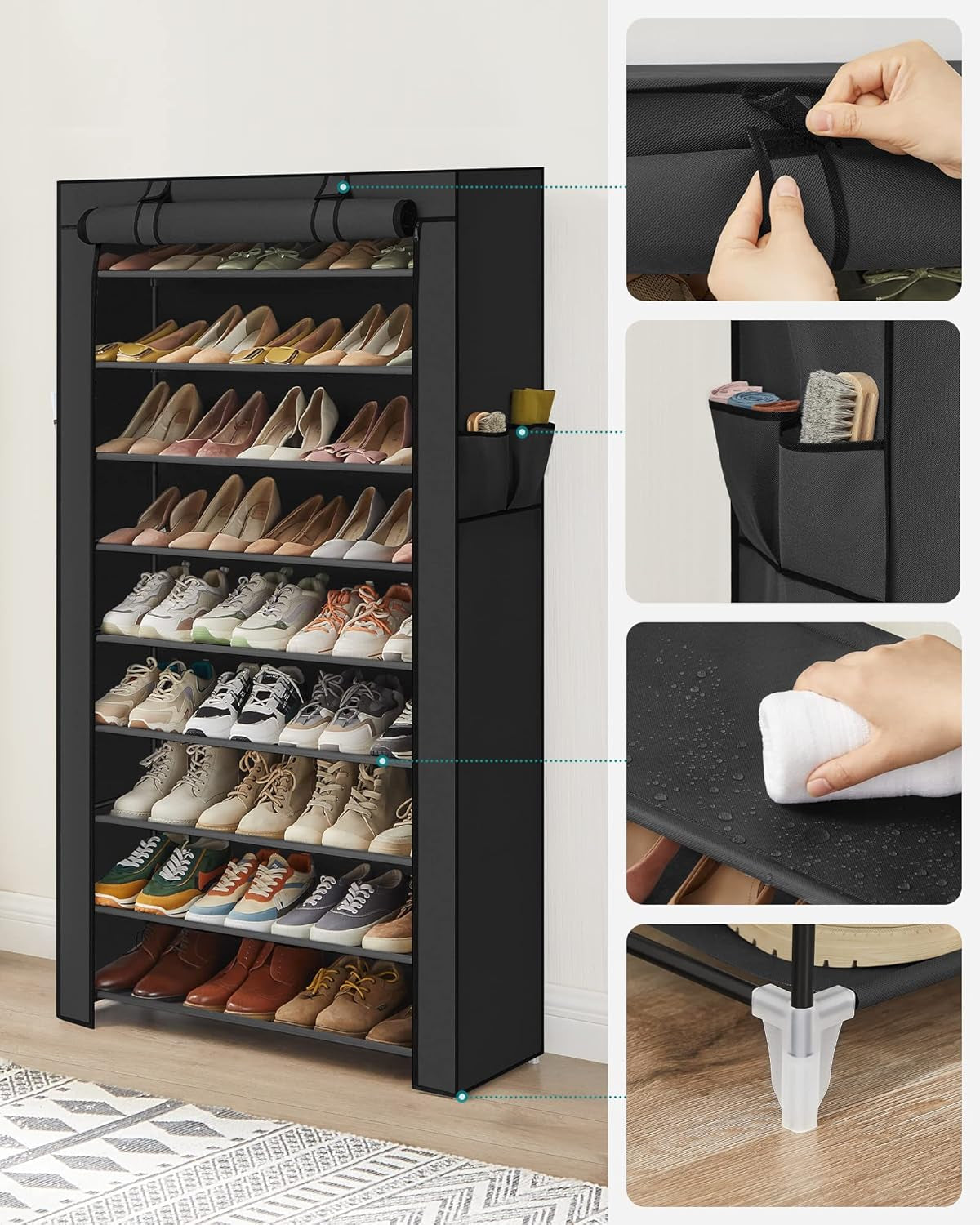 Étagère À Chaussures En Tissu À 10 Niveaux, Meuble De Rangement 28 X 88 X 160 Cm, Avec Housse De Protection, Chaussures De Sport, Talons Hauts, Pantoufles, Cadre En Métal, Noir RXJ36H
