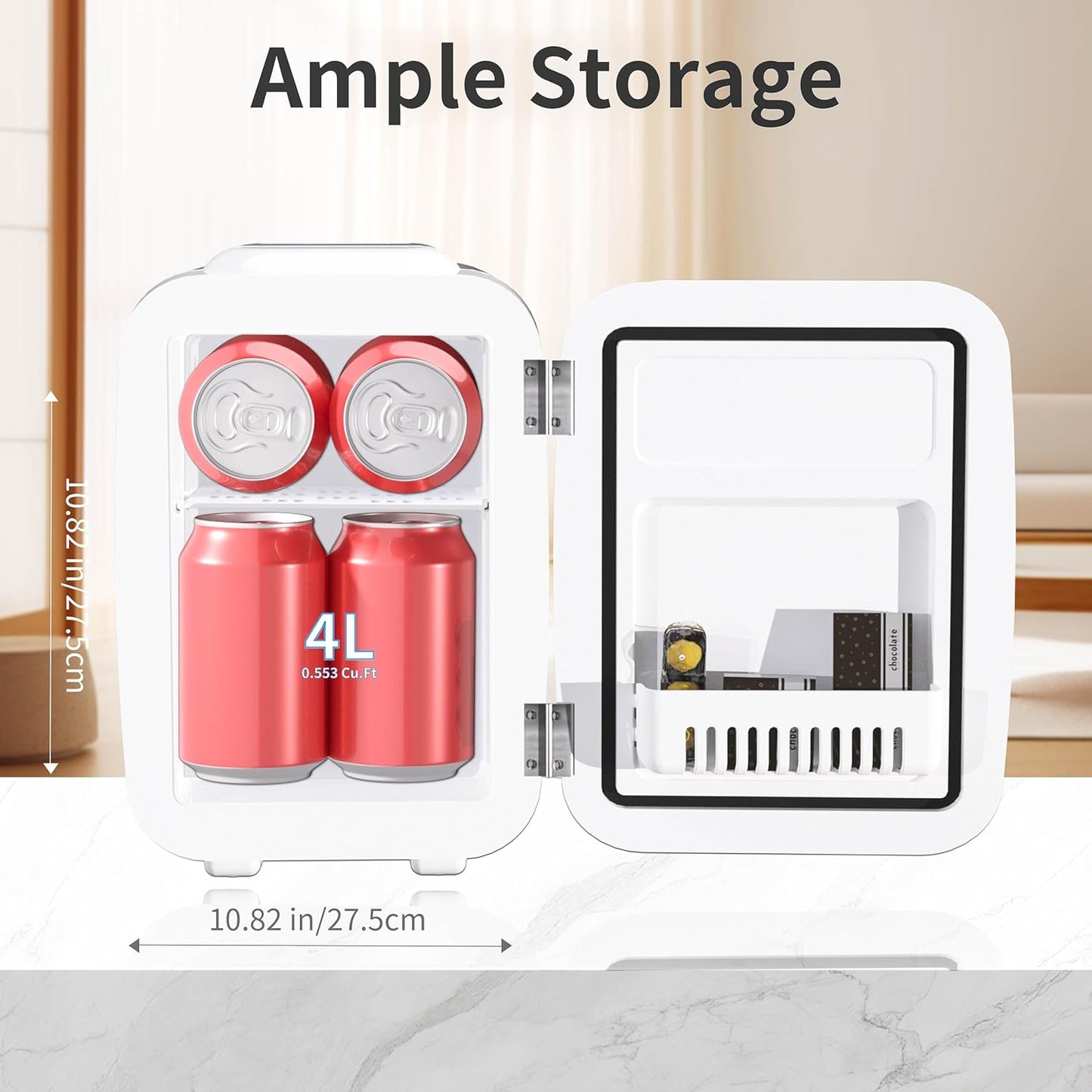 Mini Frigo De Chambre, 4 Litres/ 6 Canettes, Petit Frigo Thermoélectrique CA/CC Pour Boissons, Nourriture, Beauté, Bureau, Dortoir, Voiture, Blanc