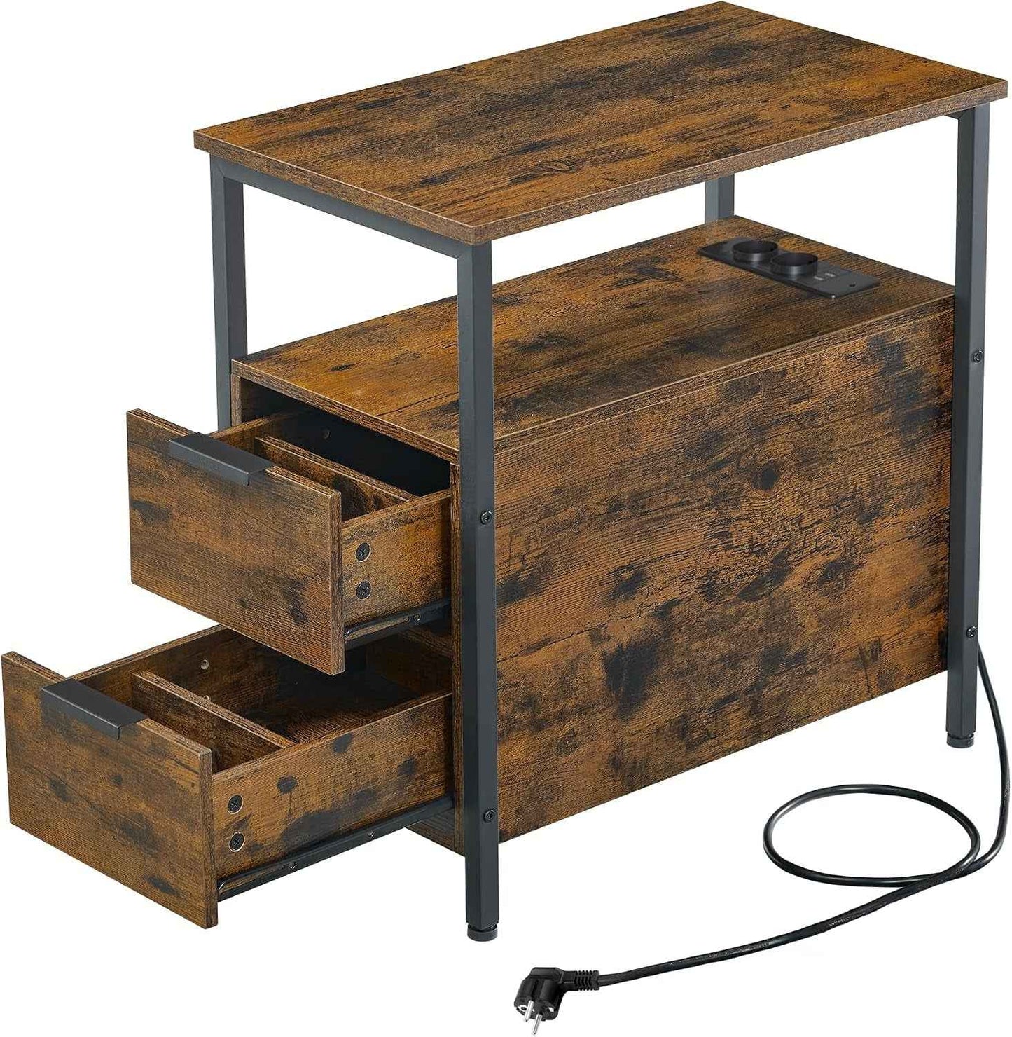 Table D’Appoint Avec Multiprise, Petite Et Fine Avec 2 Tiroirs, Table De Chevet Avec Rangement, Pour Salon, Chambre, Marron Rustique Et Noir D'Encre LET325B01