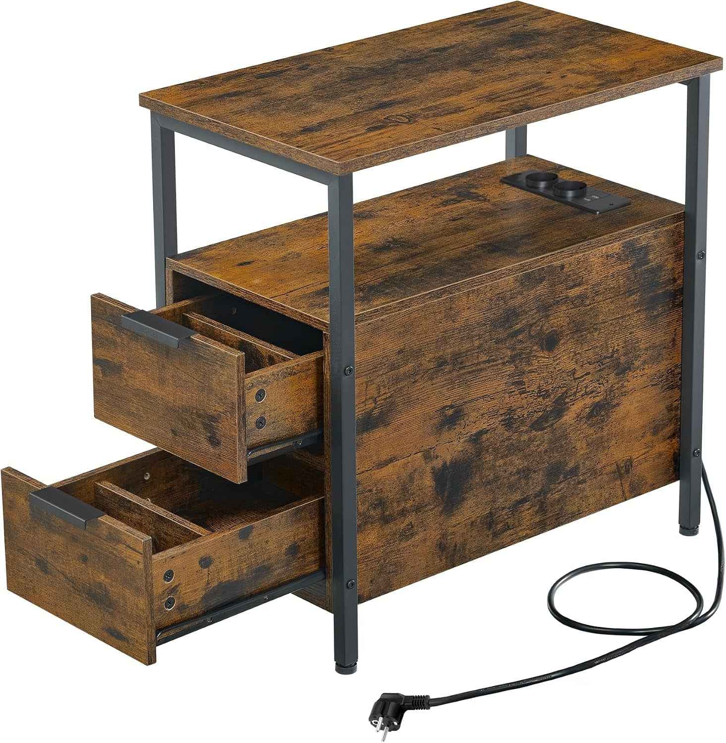 Table D’Appoint Avec Multiprise, Petite Et Fine Avec 2 Tiroirs, Table De Chevet Avec Rangement, Pour Salon, Chambre, Marron Rustique Et Noir D'Encre LET325B01