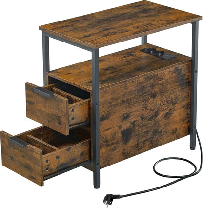 Table D’Appoint Avec Multiprise, Petite Et Fine Avec 2 Tiroirs, Table De Chevet Avec Rangement, Pour Salon, Chambre, Marron Rustique Et Noir D'Encre LET325B01