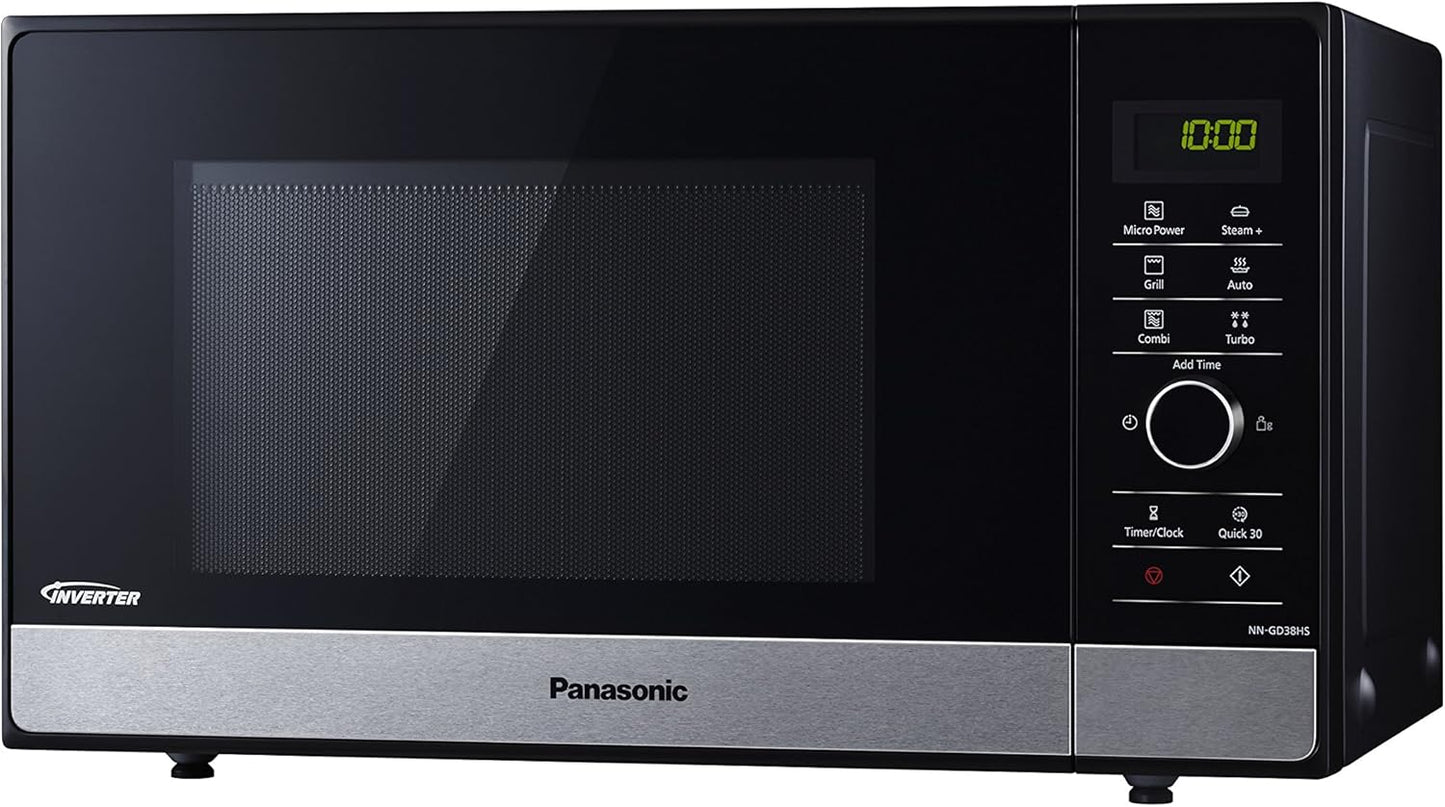 NN-GD38HSSUG Four Micro-Ondes Inverter Et Grill Avec Plateau Tournant, 23 Litres, Acier Inoxydable, 1000 W, Grill 1000 W, 17 Programmes Automatiques, Grille Métallique, Noir