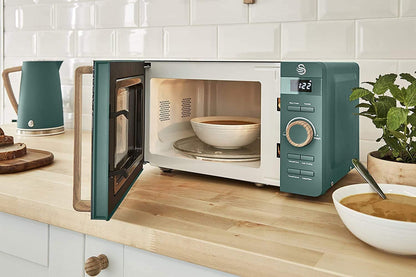 Nordic Micro-Ondes Numérique 20 L, 6 Niveaux De Fonctionnement, 800 W De Puissance, Minuterie 30 Min, Nettoyage Facile, Mode Dégivrage, Design Moderne, Poignée Effet Bois, Vert Mat