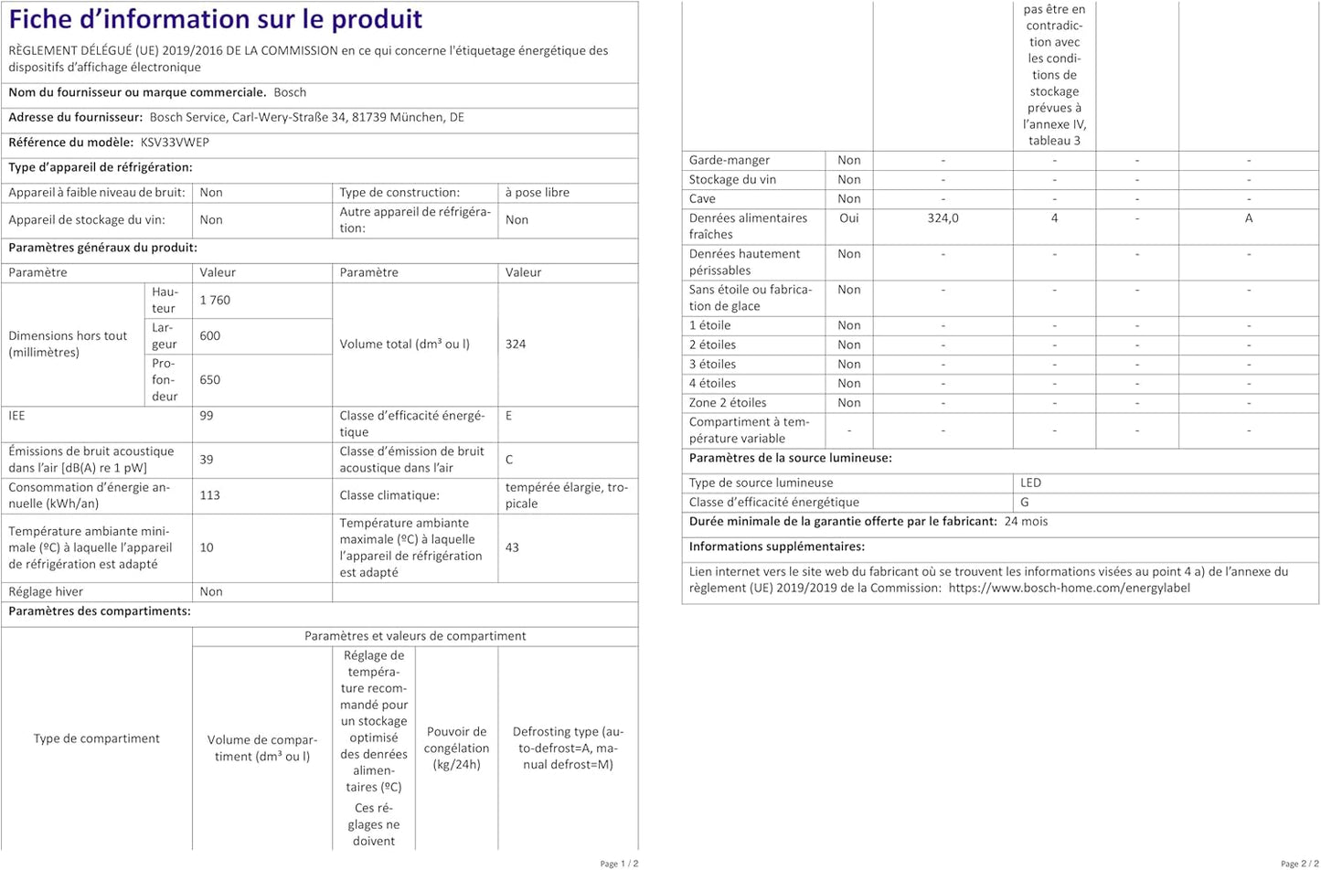 Réfrigérateurs Combinés 267L Froid Statique  54.1Cm E, KIV86VSE0