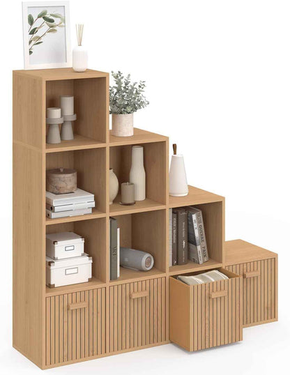 - Meuble De Rangement En Escalier LORYS Effet Lattes Juliette | 4 Niveaux Avec 4 Tiroirs En Tissu
