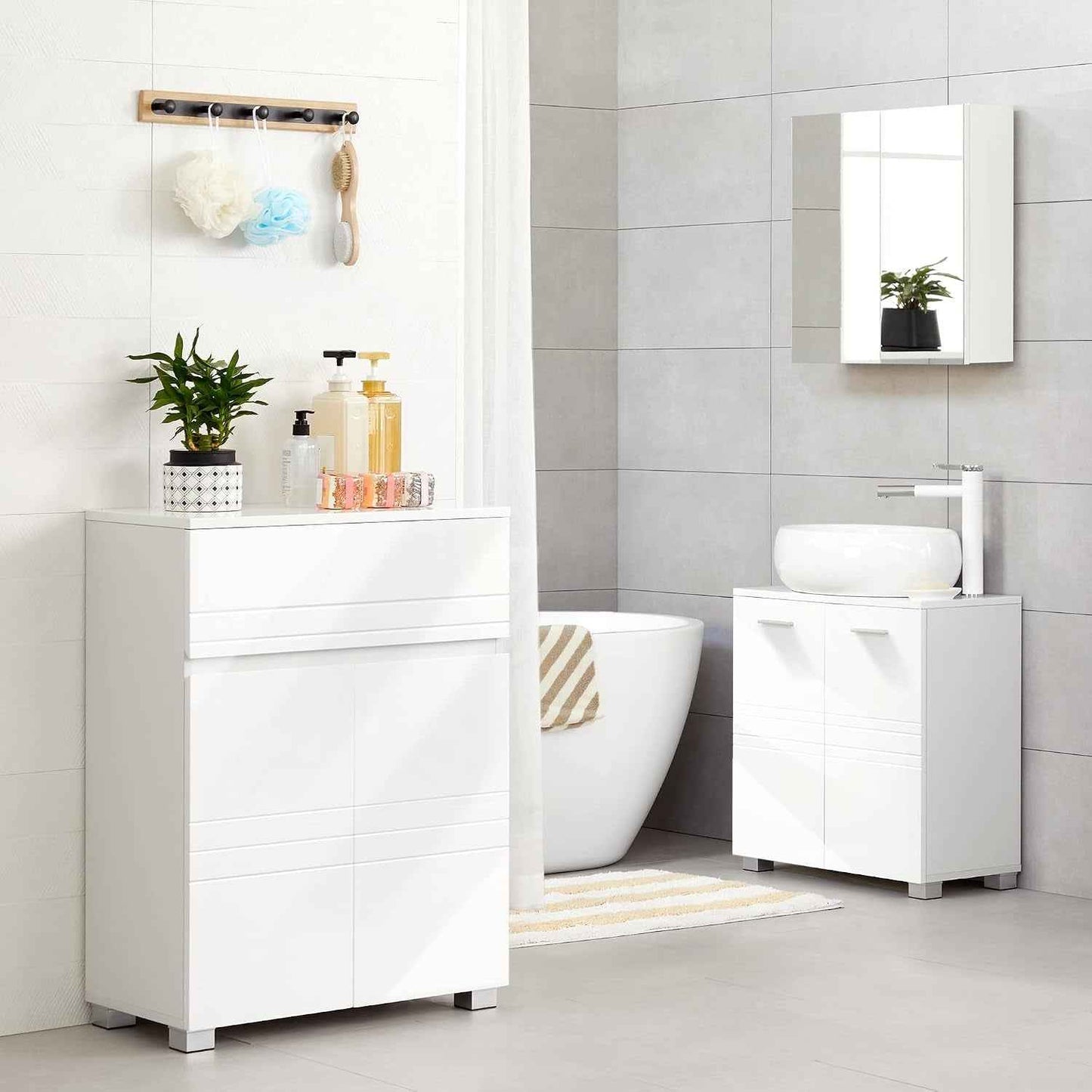 Meuble De Salle De Bain Sur Pied, Meuble De Rangement Avec Tiroir, Armoire À Double Porte, Étagère Réglable, Pour Entrée, Couloir, 60 X 30 X 80 Cm, Blanc BBK140W01