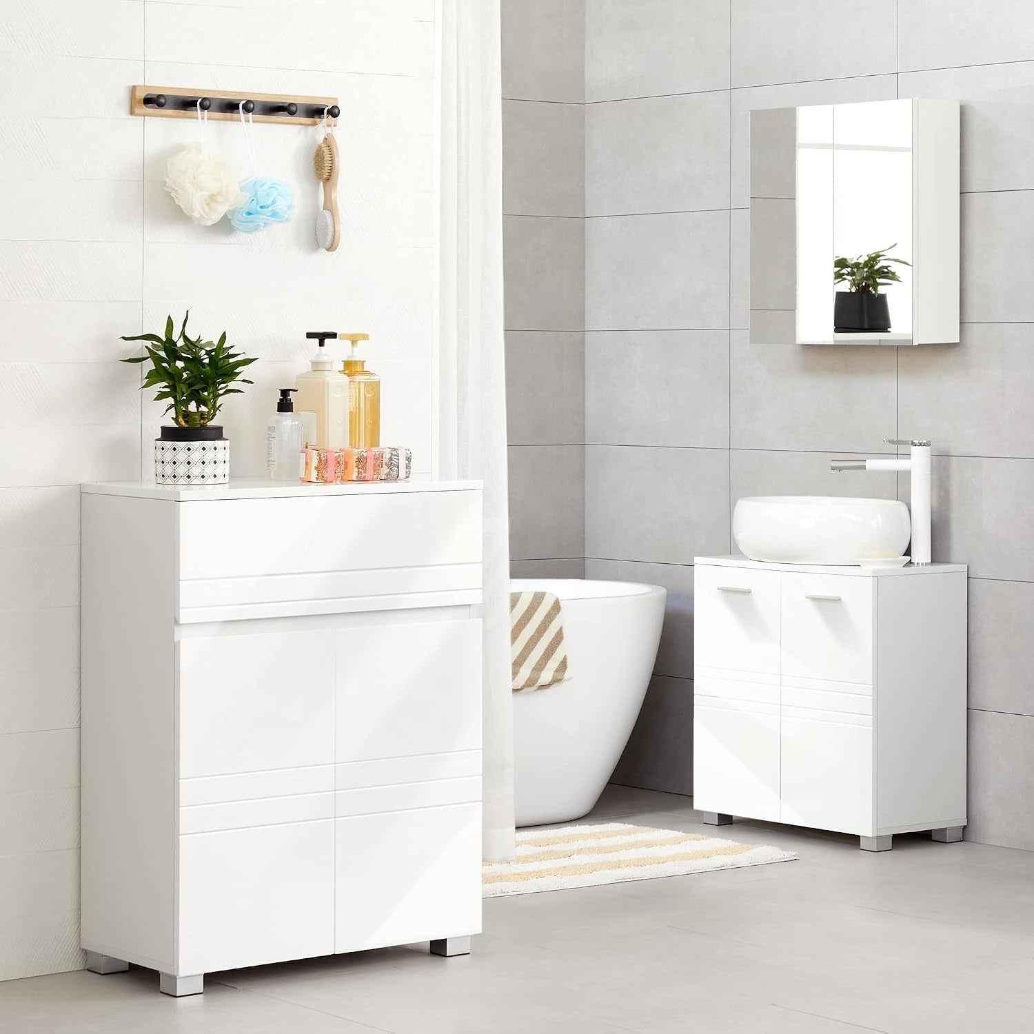 Meuble De Salle De Bain Sur Pied, Meuble De Rangement Avec Tiroir, Armoire À Double Porte, Étagère Réglable, Pour Entrée, Couloir, 60 X 30 X 80 Cm, Blanc BBK140W01