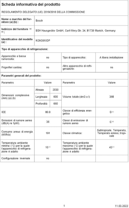 Elettrodomestici KGN39XIDP Série 4, Réfrigérateur Combi Sans Installation, 203 X 60 Cm, Acier Inoxydable, Nettoyage Facile